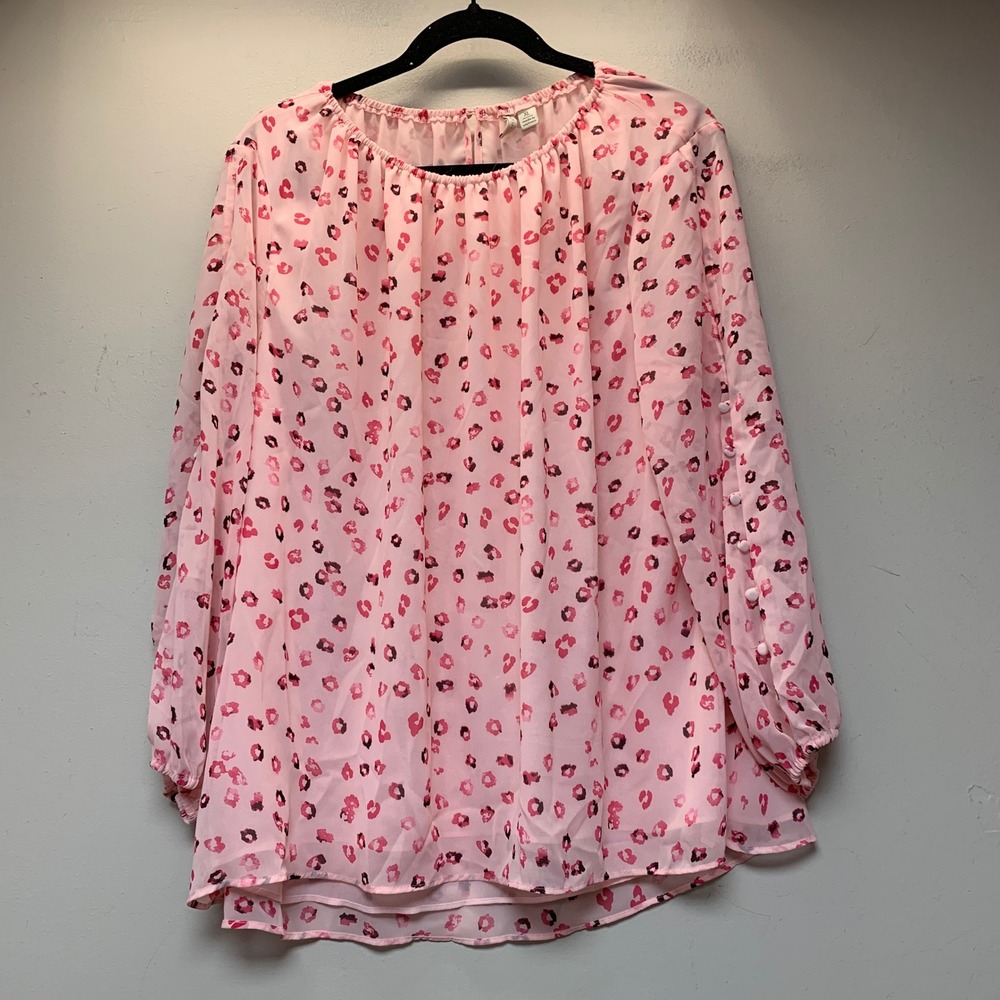 Cato Blouse Women XL Pink Excellent Leopard Print Button Sleeve Chiffon Top